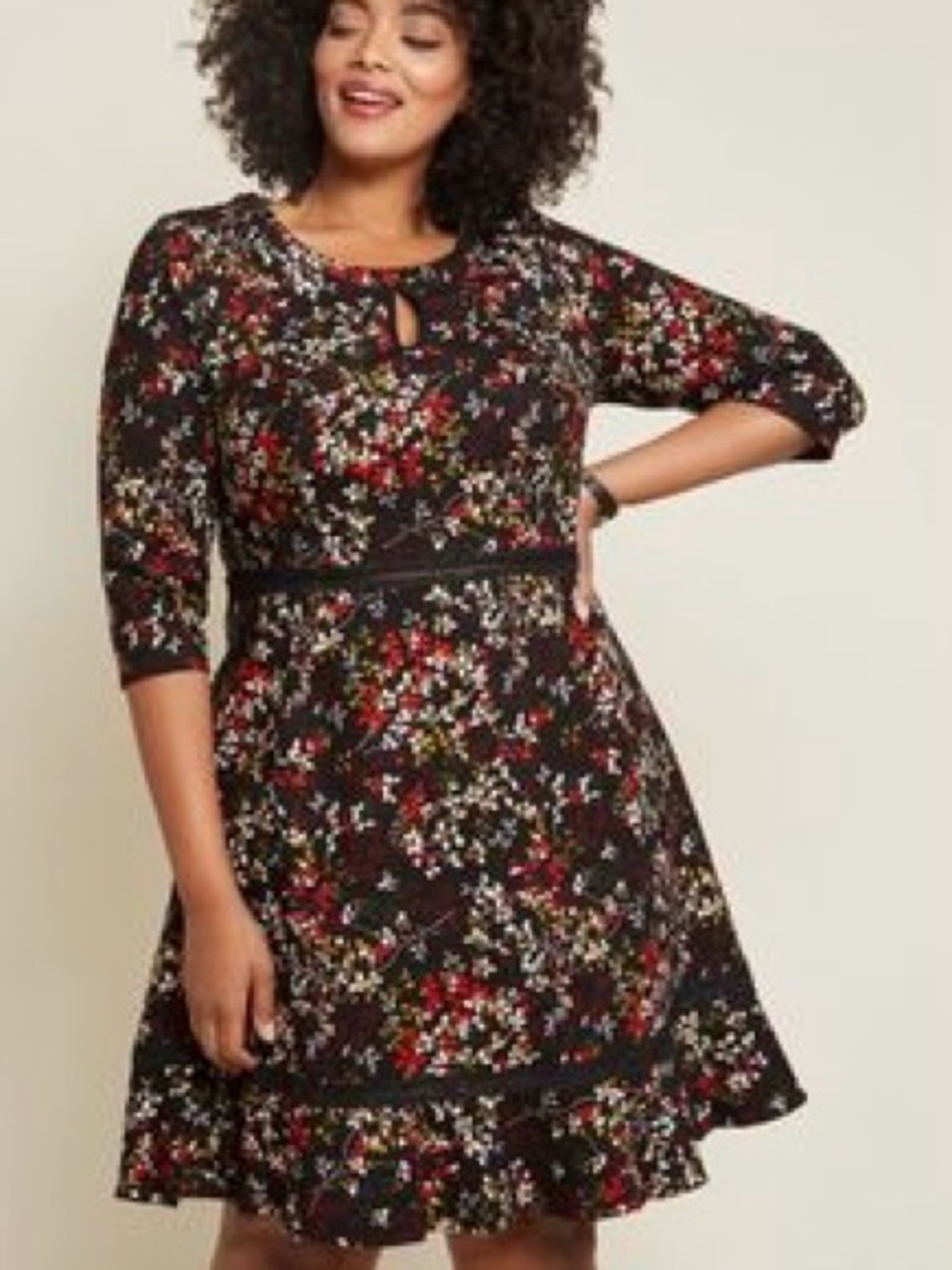 ModCloth Poised for Potential Dress L Black Floral Fit Flare Keyhole Ruffle